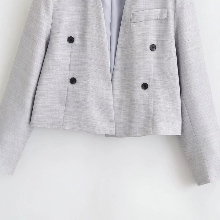 Damen kragenloser Cropped-Blazer mit kastiger Silhouette und Doppelknopfreihe Drune