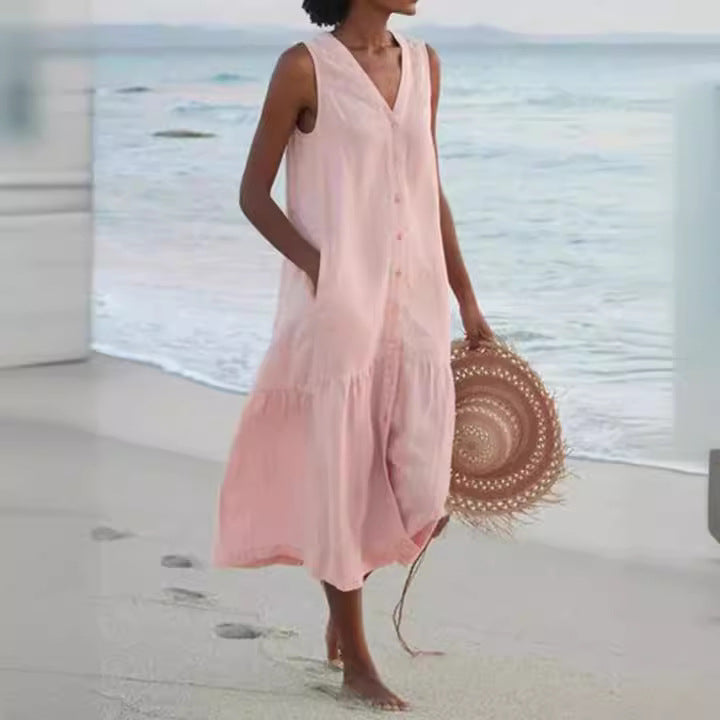 Damen luftiges Maxikleid mit Knopfleiste und praktischen Taschen Drune
