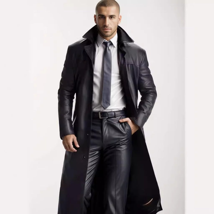 Herren Langer Ledermantel im Trench-Stil mit schmaler Silhouette und Stehkragen Drune