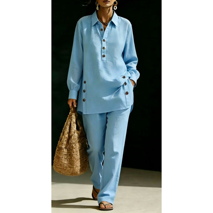 Damen Leichtes Oversize-Hemd-Tunika mit Zierknöpfen und Gerader Bundhose Drune