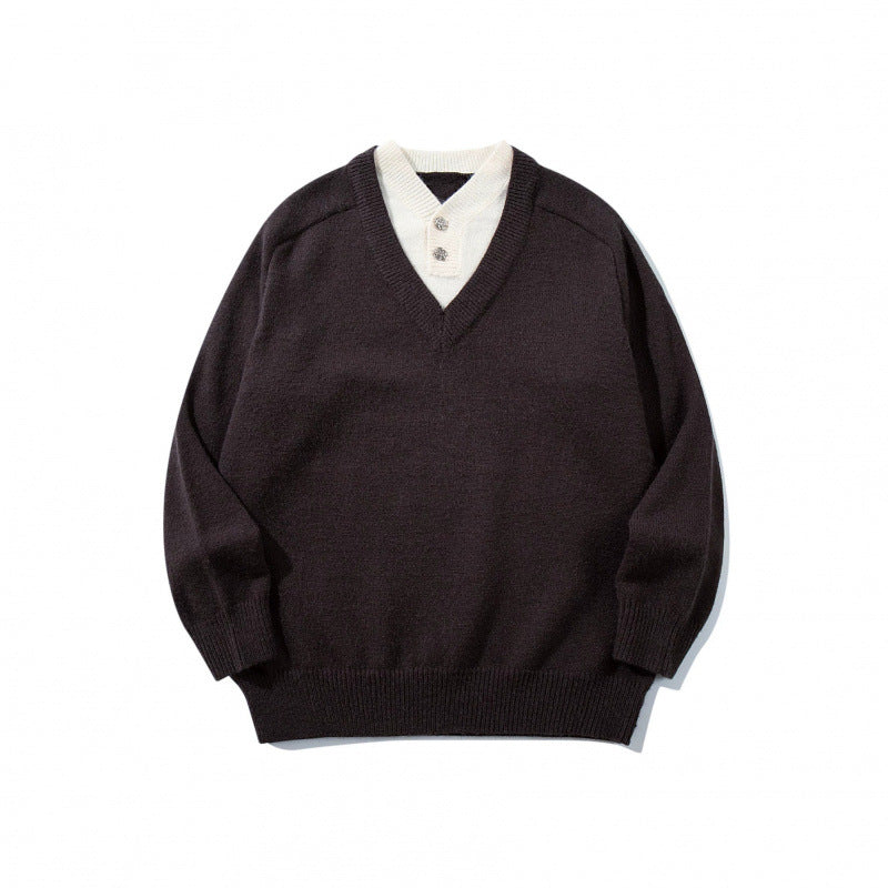 Herren V‑Ausschnitt-Pullover mit integriertem Henley-Kragen Drune
