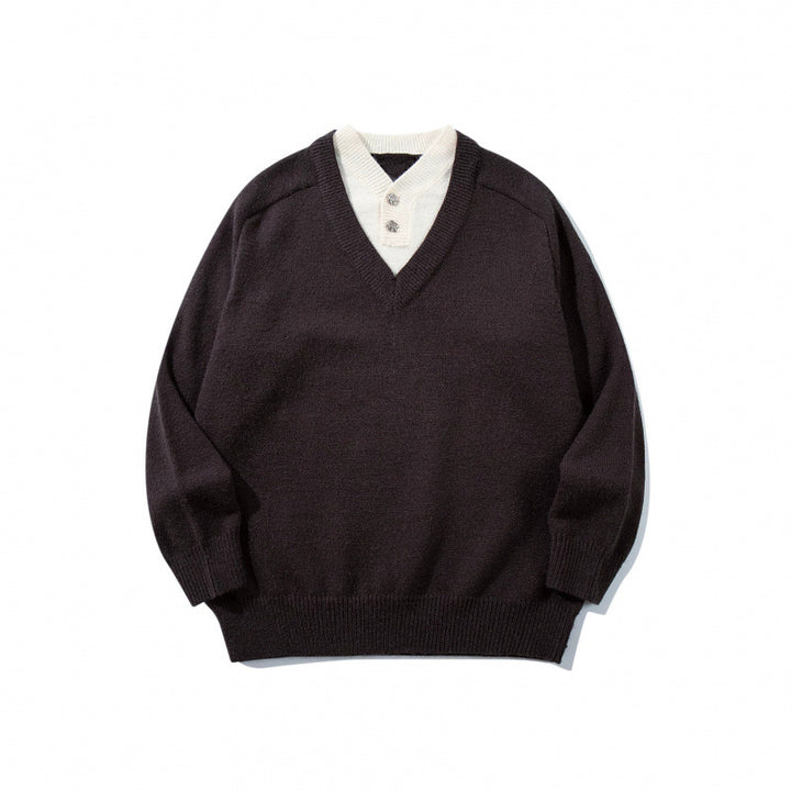 Herren V‑Ausschnitt-Pullover mit integriertem Henley-Kragen Drune