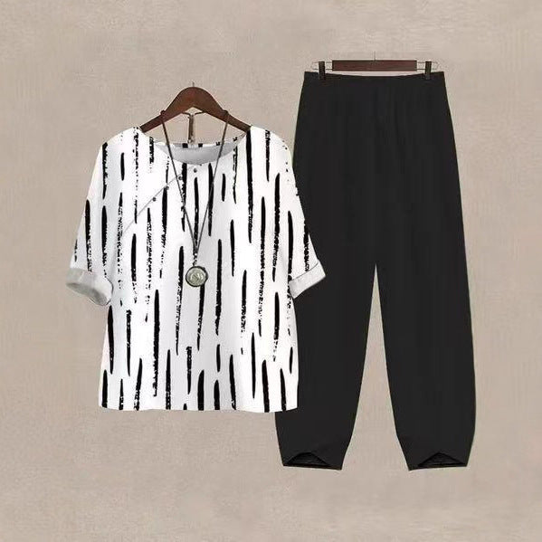 Damen nan legeres Freizeit-Set mit gemustertem Oversize-Shirt und konisch zulaufender Komforthose Drune