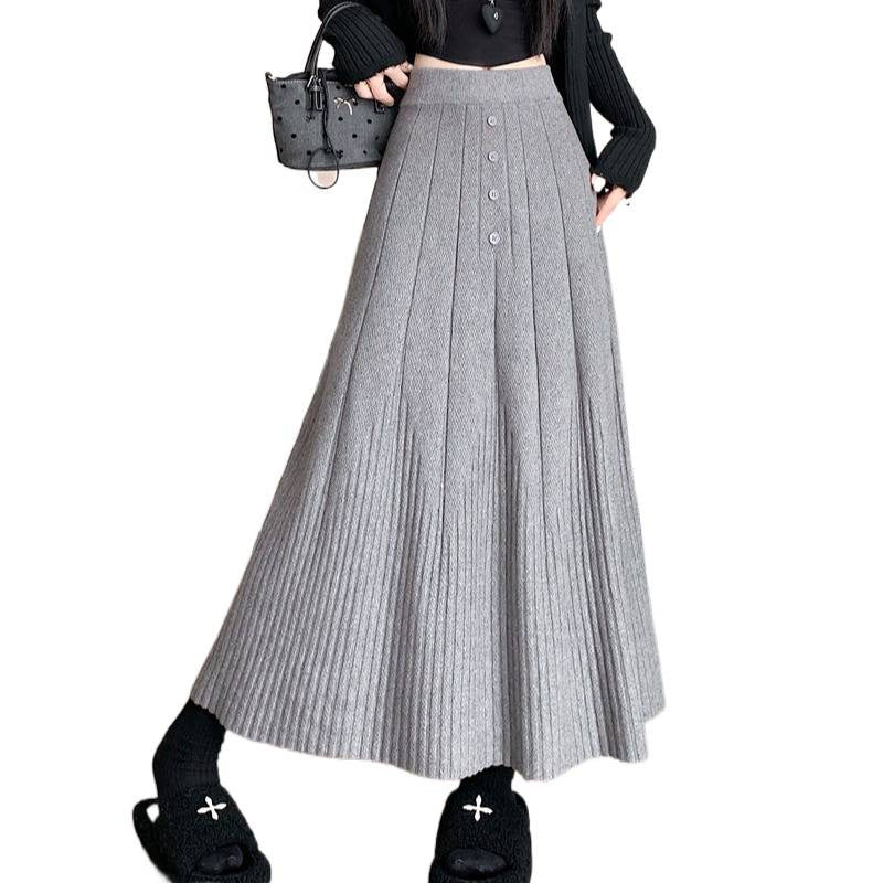 Damen Eleganter Maxirock mit feinem Faltenwurf und Knopfdetails Drune