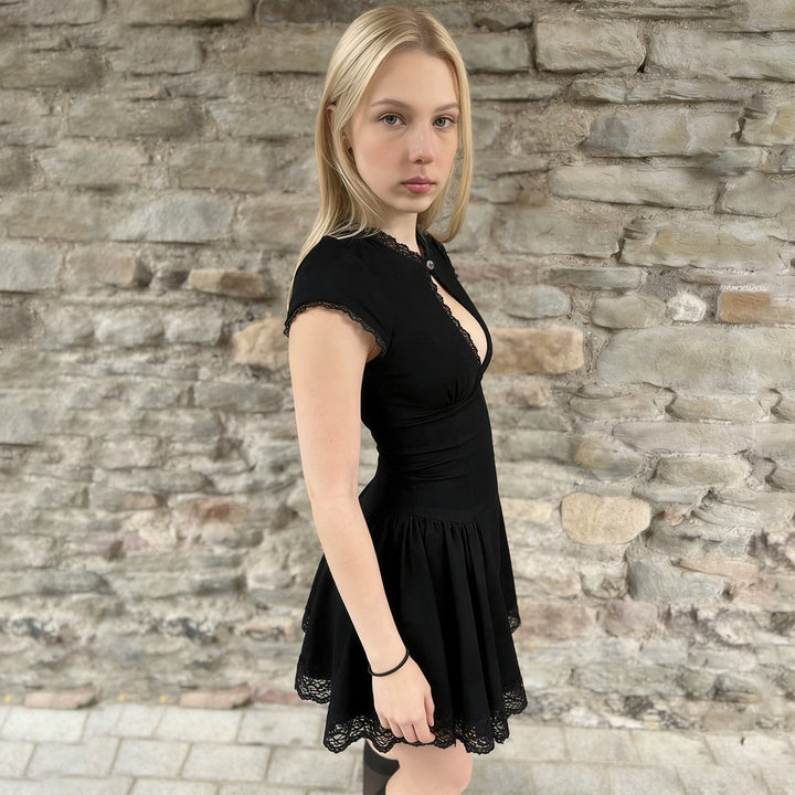 Damen verspieltes Puffärmel-Kleid mit Spitzenbesatz Drune