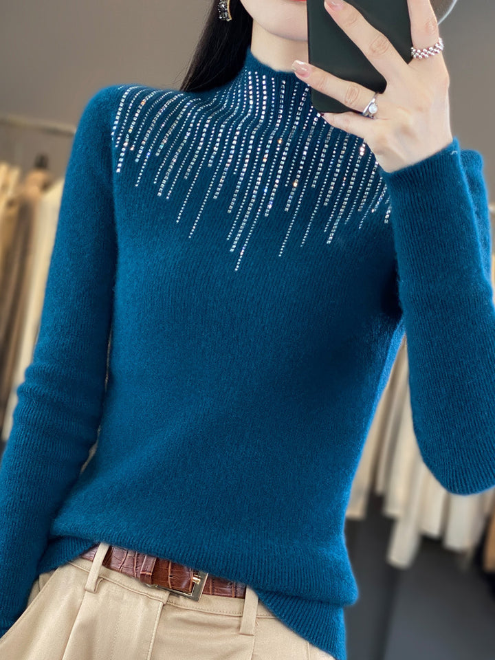 Damen Kaschmir‑Optik Mockneck-Pullover mit funkelnder Strasskaskade Drune