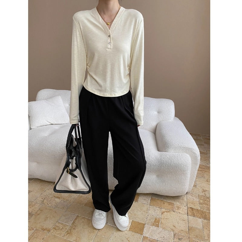 Damen Langarm-Henley-Shirt mit Knopfleiste und lockerem Schnitt Drune
