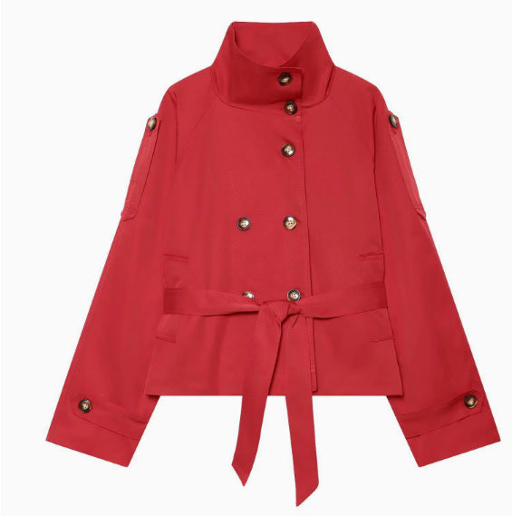Damen 10+ Cropped Doppelreihige Kurzjacke mit Stehkragen und Taillengürtel Drune
