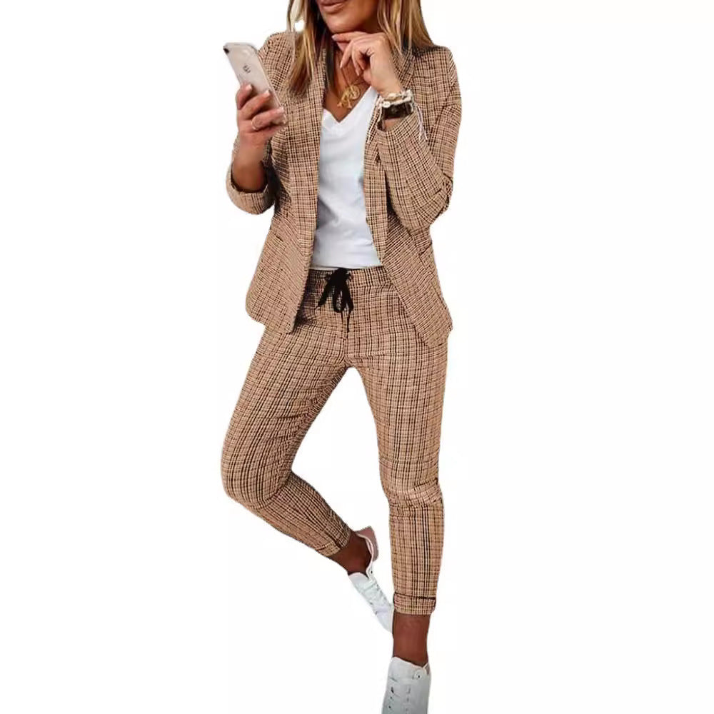 Damen nan lässig-elegantes Karozweiteiler Blazer mit Tunnelzug-Slimhose Drune