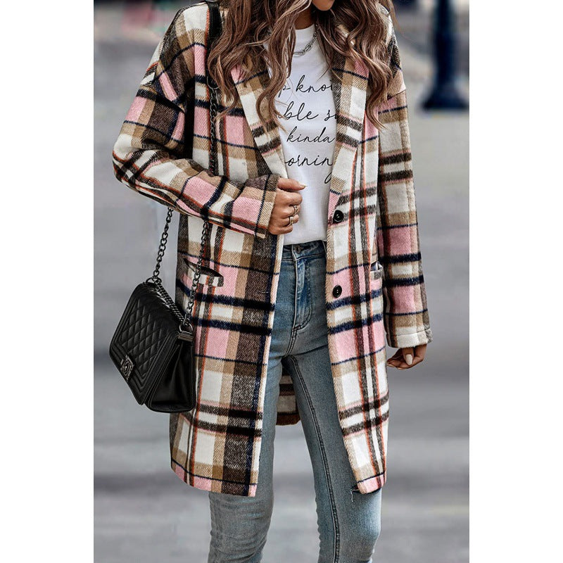 Damen Karierte Longjacke mit Kapuze und Taschen Drune