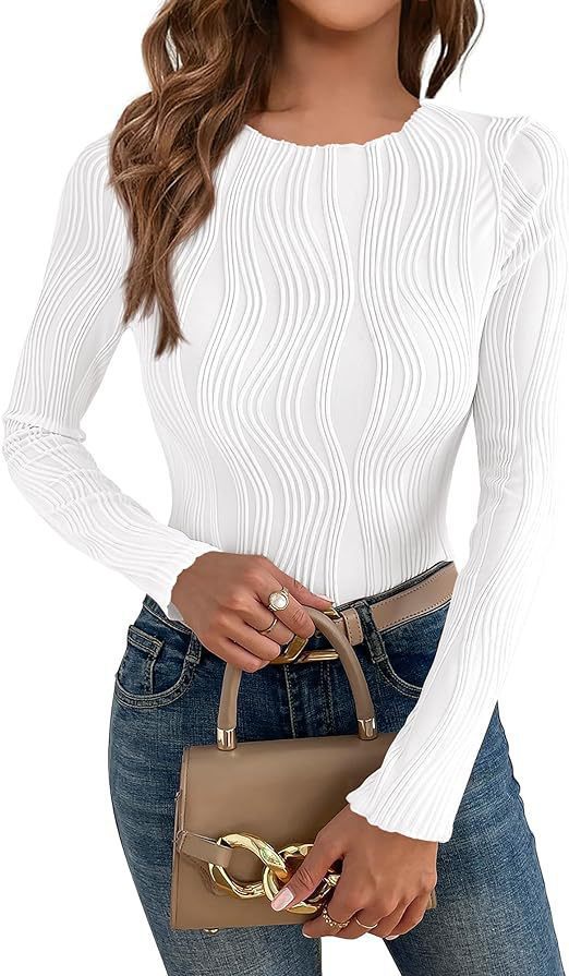 Damen nan figurbetontes Rippstrick-Longsleeve mit Wellendetail und Rundhalsausschnitt Drune