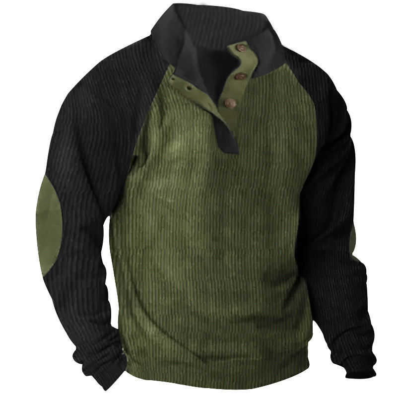 Herren nan strukturiertes Henley-Sweatshirt mit Stehkragen, Raglanärmeln und Ellbogenpatches Drune