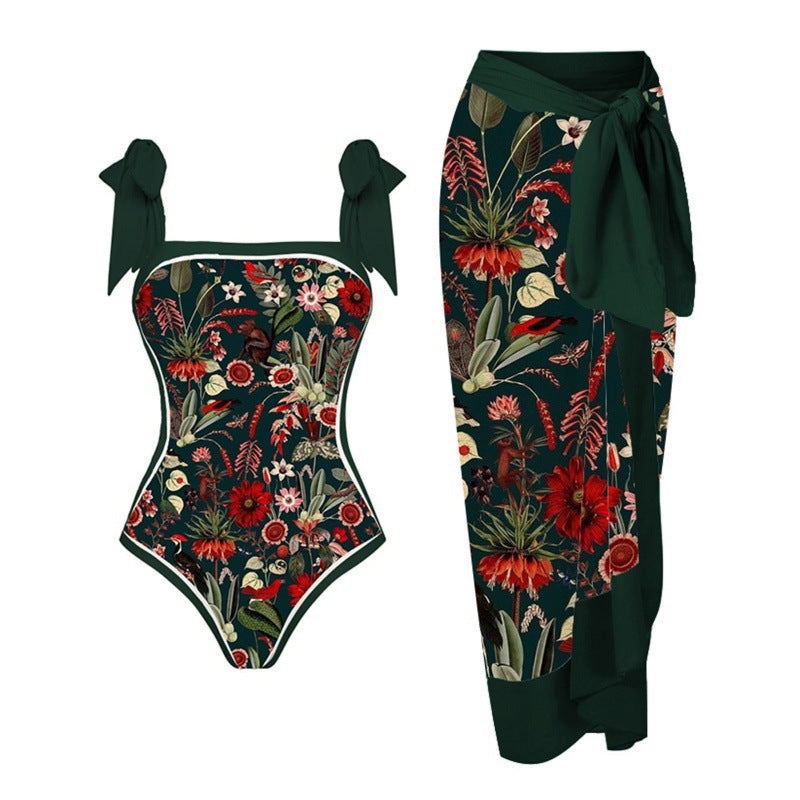 Damen Einteiler Badeanzug mit elegantem Wickelrock und modischen Riemen Drune