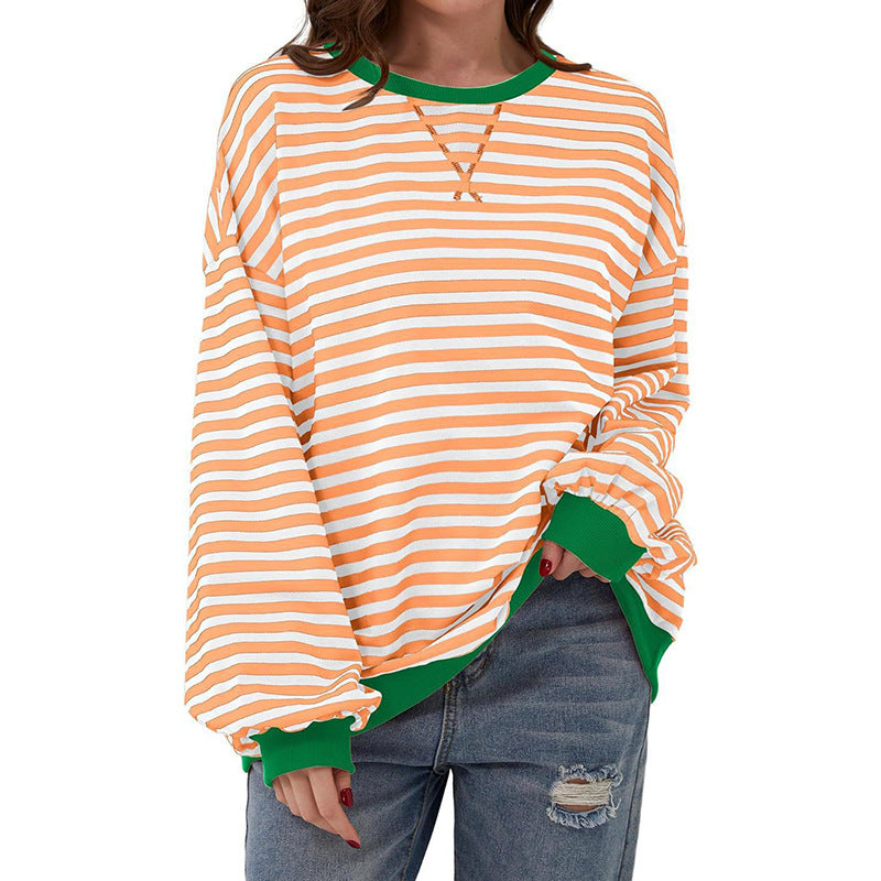 Damen Cozy Übergroßer Gestreifter Pullover Sweatshirt Drune