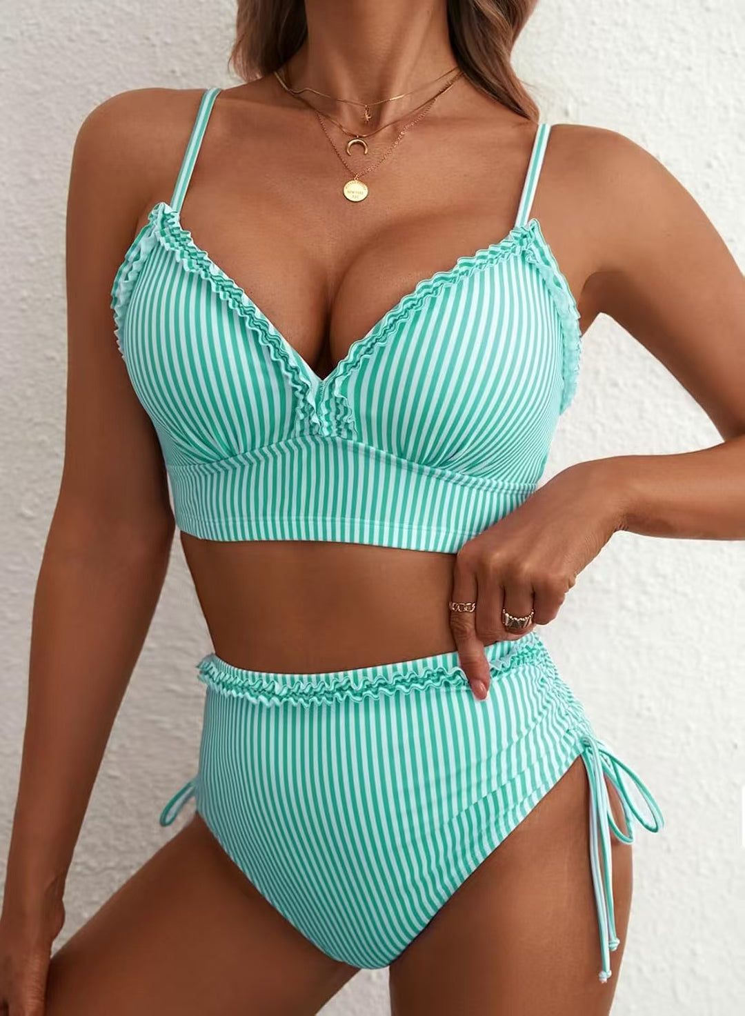 Damen Bikini-Set mit süßem Rüschendetail und hoch tailliertem Schnitt Drune