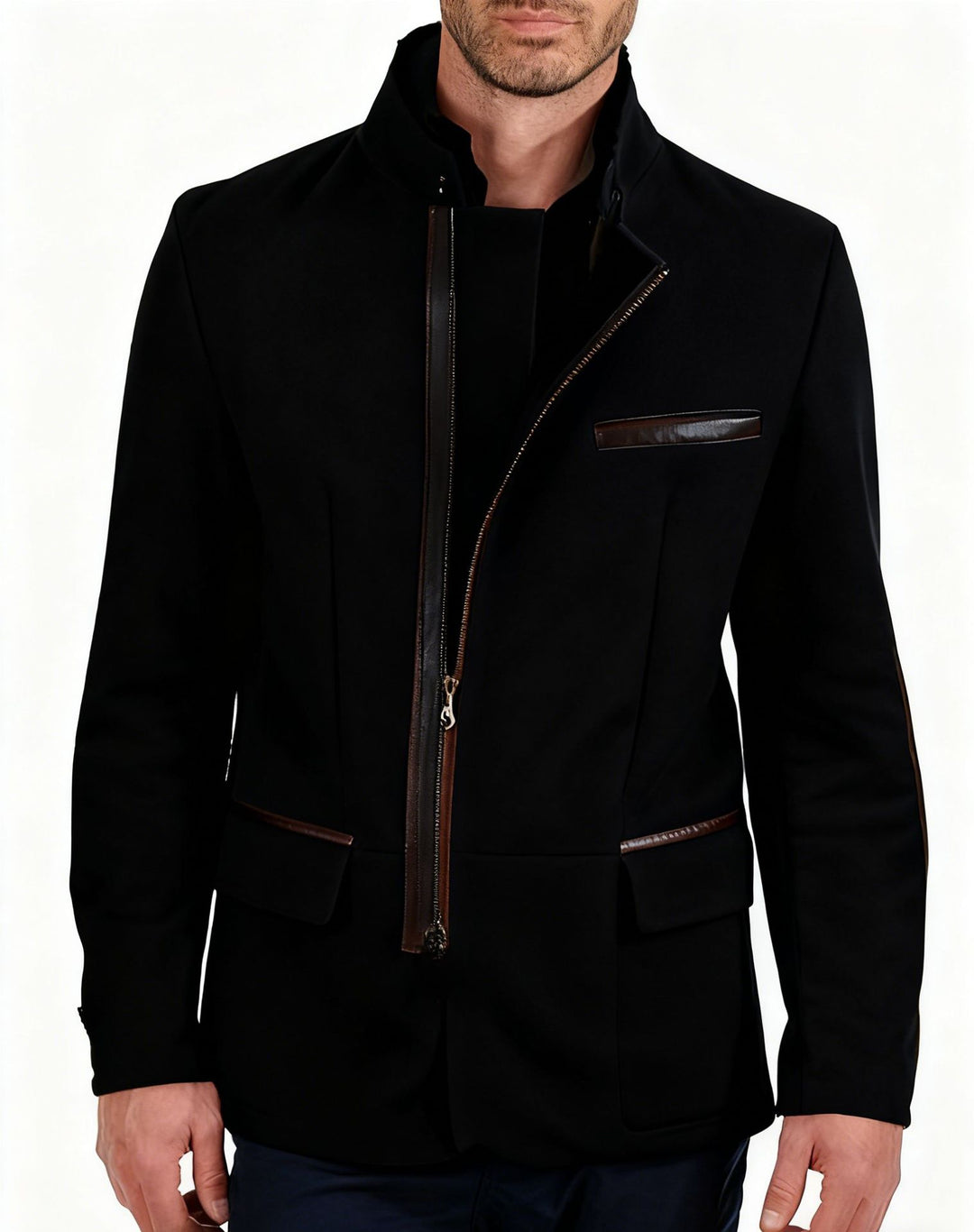 Herren Lederjacke mit hohem Stehkragen und asymmetrischem Zweiwege-Reißverschluss Drune