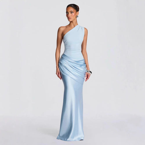 Damen elegantes asymmetrisches Satin-Abendkleid mit Drapé-Design Drune