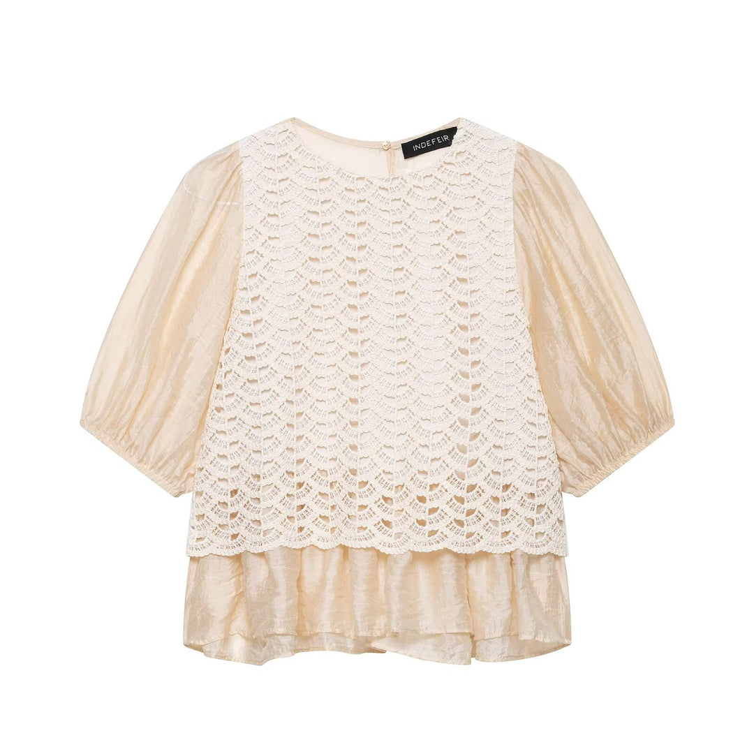 Damen Häkel-Overlay-Bluse mit Volant-Underlayer und Puffärmeln Drune