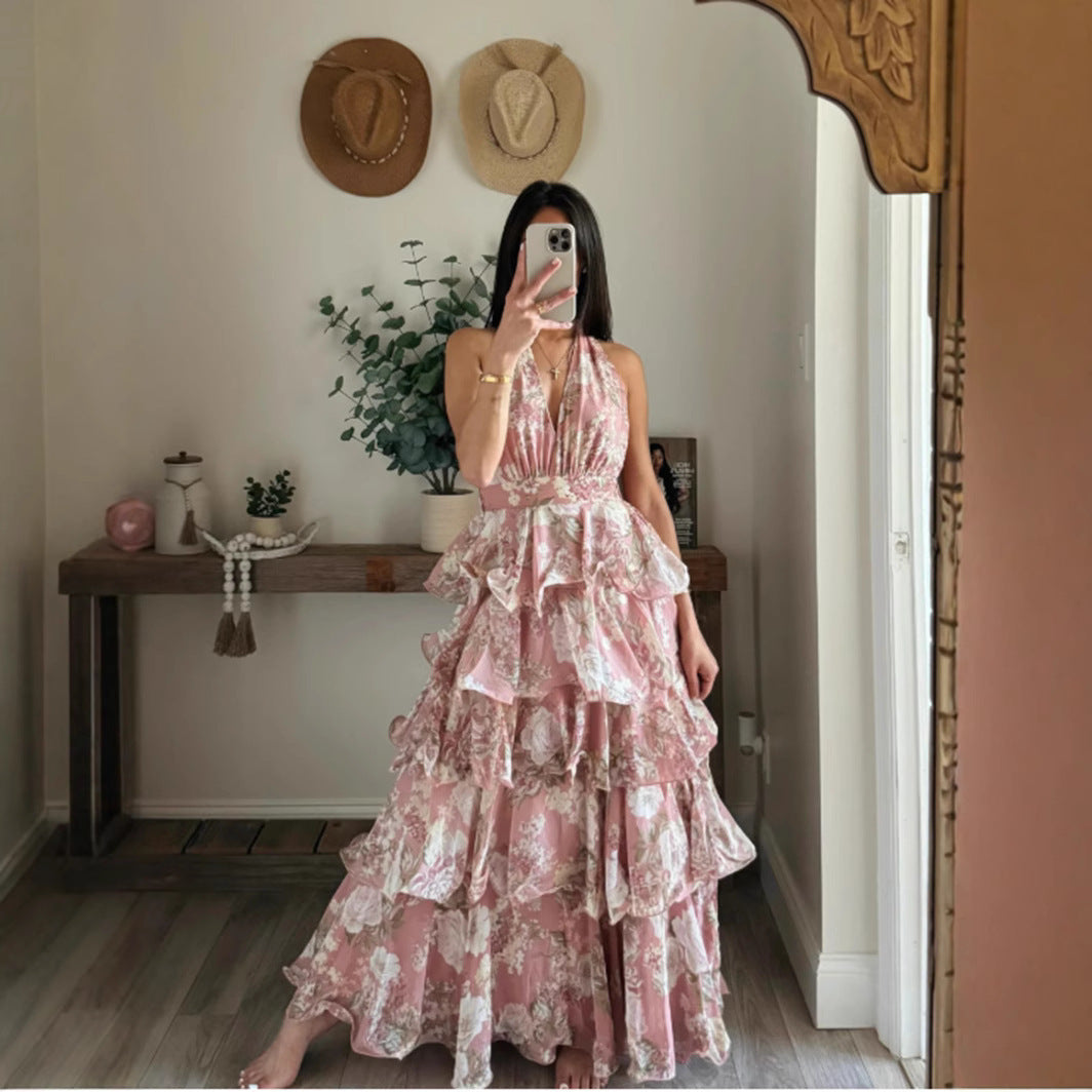 Damen Maxikleid mit romantischen Volants und floralem Druck Drune