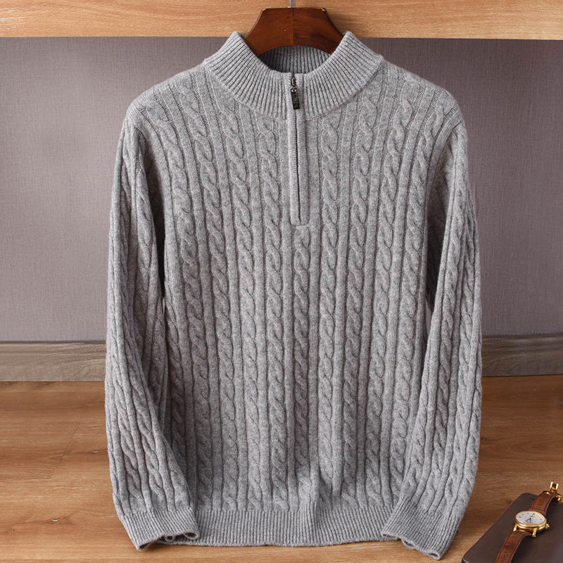 Herren Zopfmuster-Halbzip-Pullover aus weichem Wollmix mit Stehkragen Drune