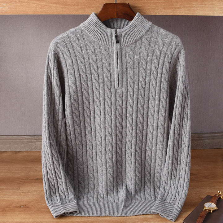Herren Zopfmuster-Halbzip-Pullover aus weichem Wollmix mit Stehkragen Drune