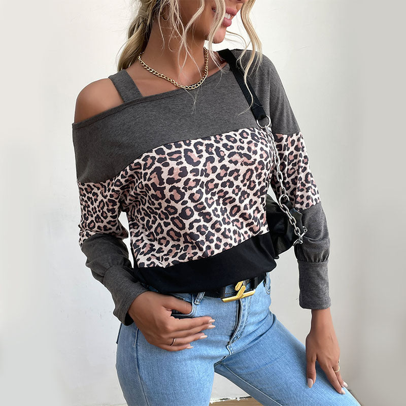 Damen Legerer Off-Shoulder Pullover mit Leoparden‑Print, Kontrastblöcken und Spaghettiträger Drune