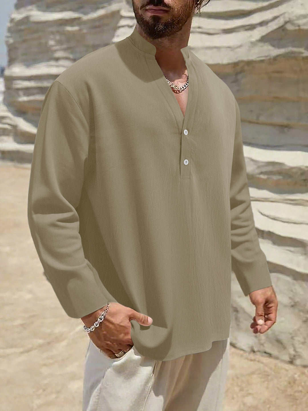 Herren Leichtes Leinen-Henley mit Stehkragen und 2-Knopf-Blende Drune