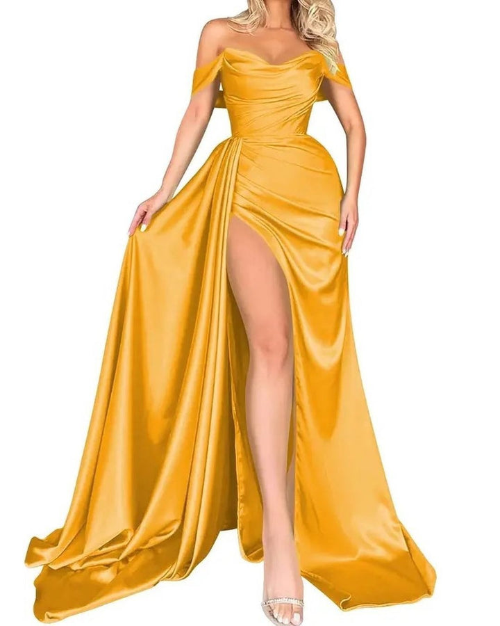 Damen Off-Shoulder Abendkleid mit hohem Beinschlitz und voluminösem Rock Drune