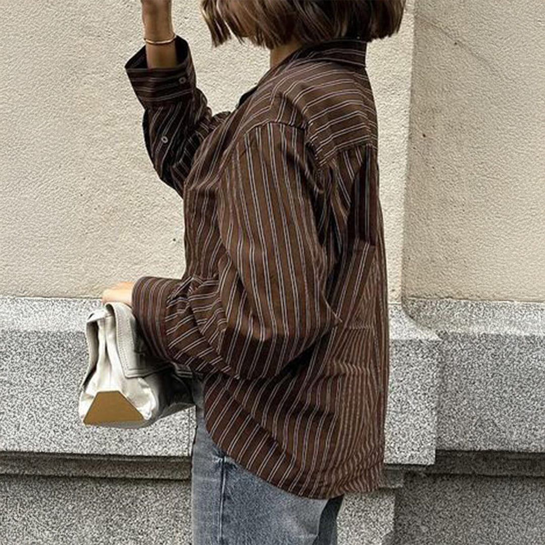 Damen nan lässiges Oversize-Hemd mit feinen Nadelstreifen, Hemdkragen und Brusttasche Drune