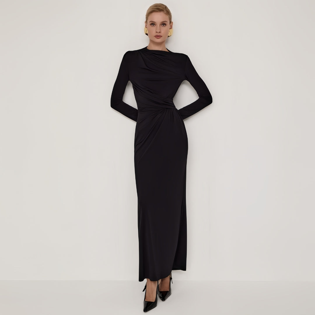 Damen figurbetontes Maxikleid mit eleganten Drapierungen und langem Arm Drune