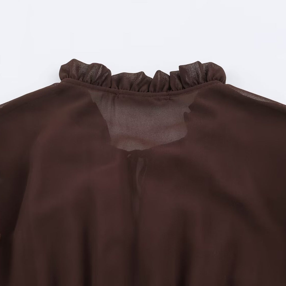 Damen verspieltes Midi-Tiered-Kleid mit Rüschenkragen, Bindeband und Volantstufen Drune