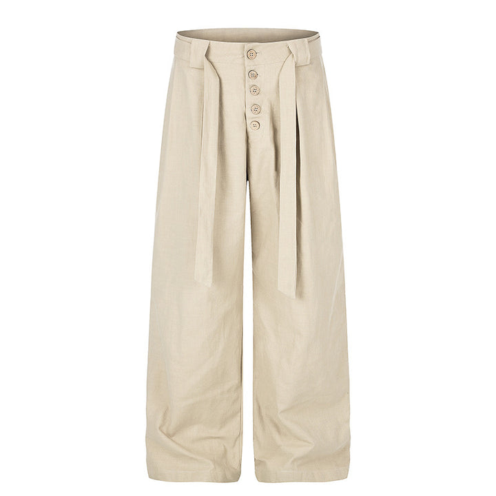 Damen Hochgeschnittene Leinen-Weitebein-Hose mit Knopfleiste, Bindegürtel und Bundfalten Drune