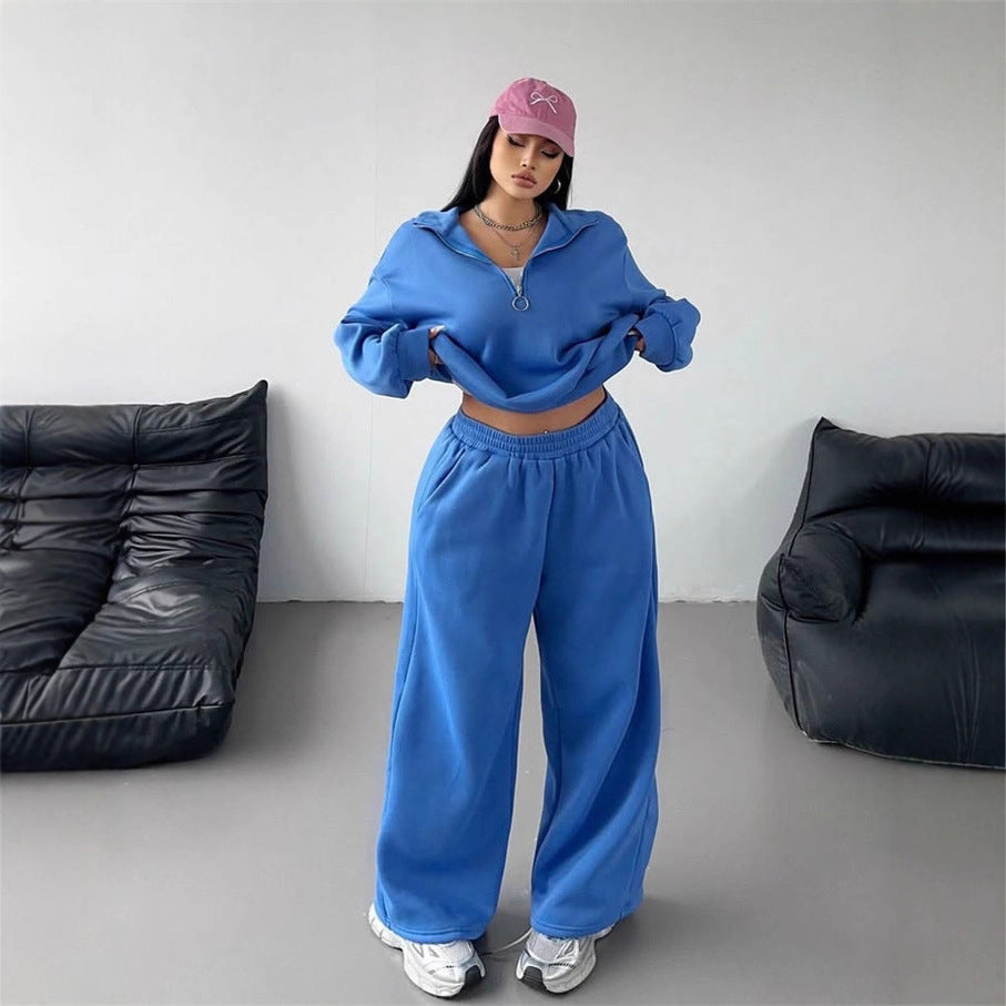 Damen Samt-Cropped-Ziphoodie und weit geschnittene High-Waist Palazzo-Jogginghose Drune