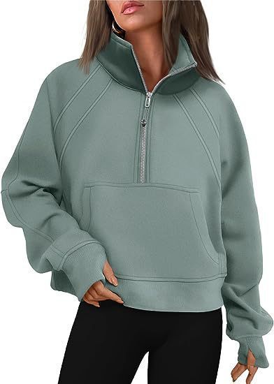 Damen nan weit geschnittenes Kurzpullover mit Stehkragen, halbem Reißverschluss und Kängurutasche Drune