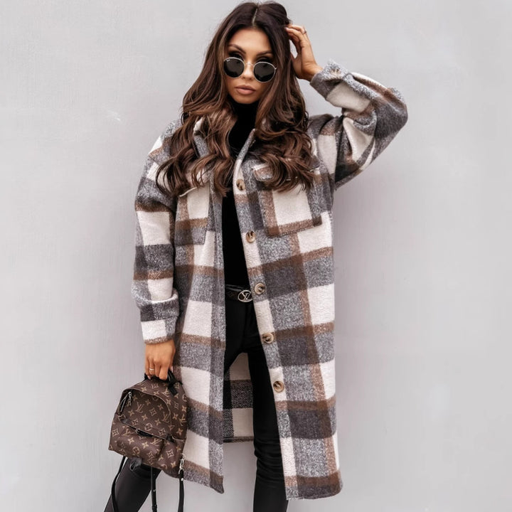 Damen Karierter Wollmantel mit Knopfdetails und praktischen Taschen Drune