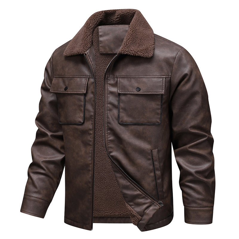 Herren Vintage-inspirierte Kunstlederjacke mit Teddyfutter und Hemdkragen Drune