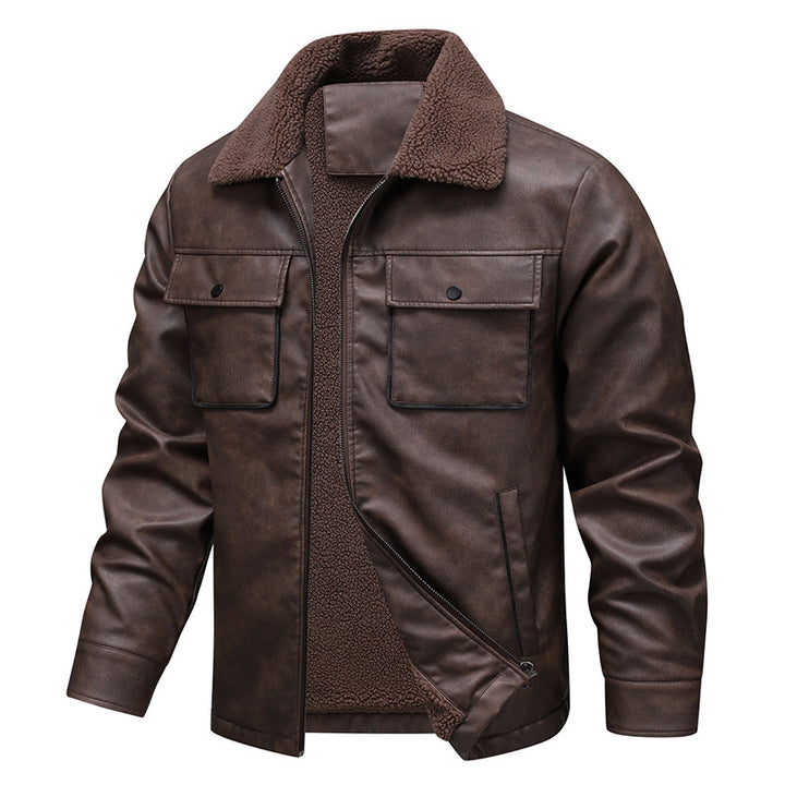 Herren Vintage-inspirierte Kunstlederjacke mit Teddyfutter und Hemdkragen Drune