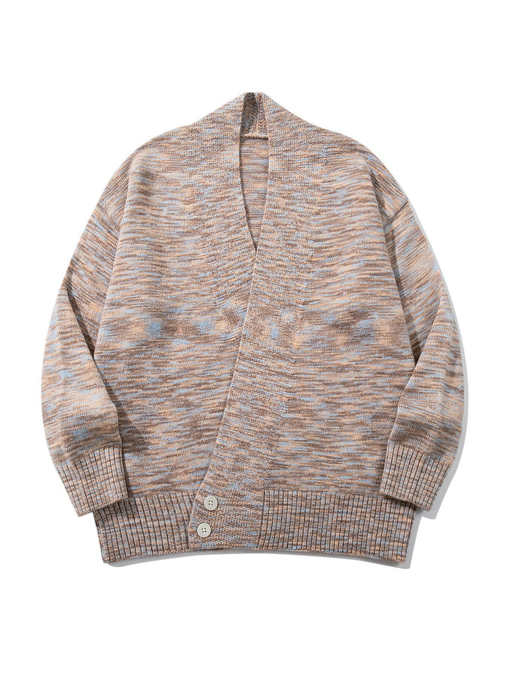 Damen Oversize-Strickcardigan mit tiefem V-Ausschnitt, Knopfleiste am Saum und melierter Struktur Drune