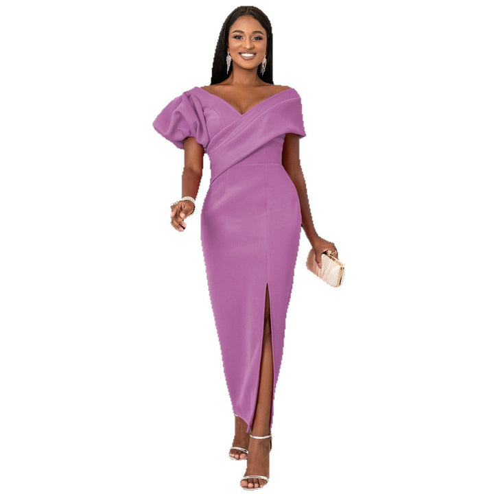 Damen Elegantes, figurbetontes Abendkleid mit asymmetrischem Ausschnitt und Puffärmeln Drune