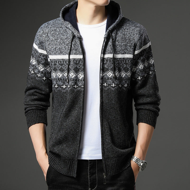 Herren Strick-Zip-Hoodie mit Norwegermuster, Kapuze und Eingrifftaschen Drune