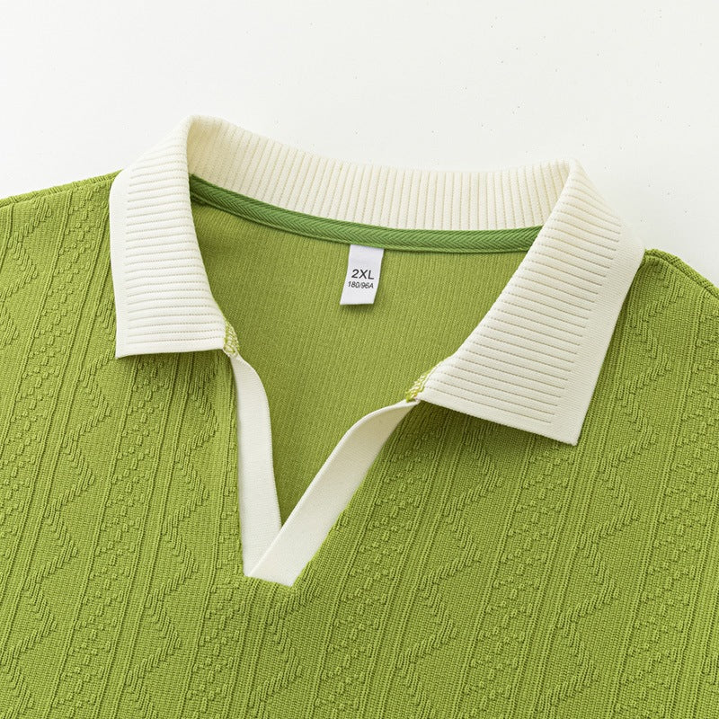 Herren Oversize Strick-Polo mit Strukturstrick, offenem V‑Ausschnitt und geripptem Kragen Drune