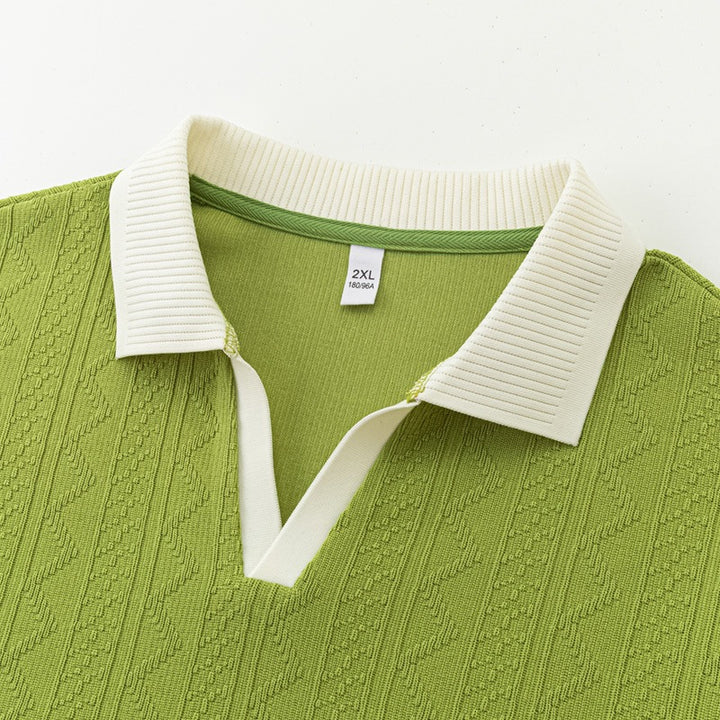 Herren Oversize Strick-Polo mit Strukturstrick, offenem V‑Ausschnitt und geripptem Kragen Drune