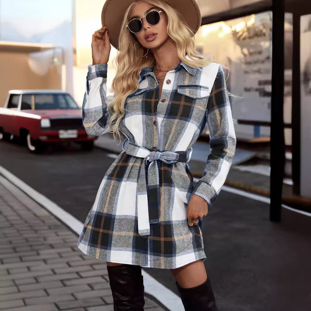 Damen Karierter Hemdblusenkleid mit Taillengürtel und Brusttaschen Drune