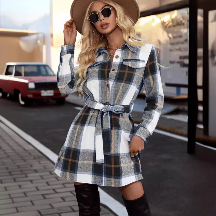 Damen Karierter Hemdblusenkleid mit Taillengürtel und Brusttaschen Drune