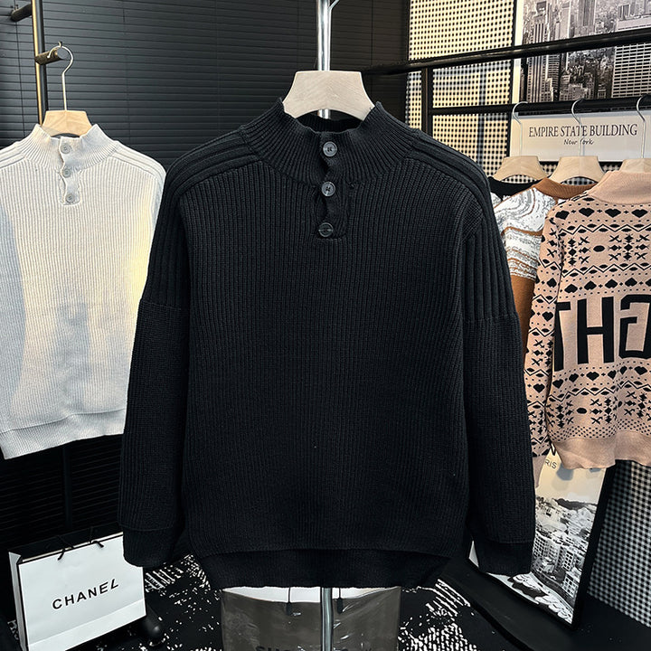 Herren Grobstrick-Pullover mit halber Knopfleiste und hohem Stehkragen Drune