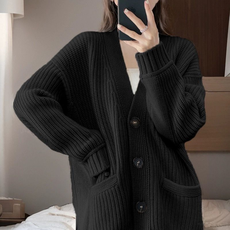 Damen kuschelige Strickjacke mit großen Taschen Drune