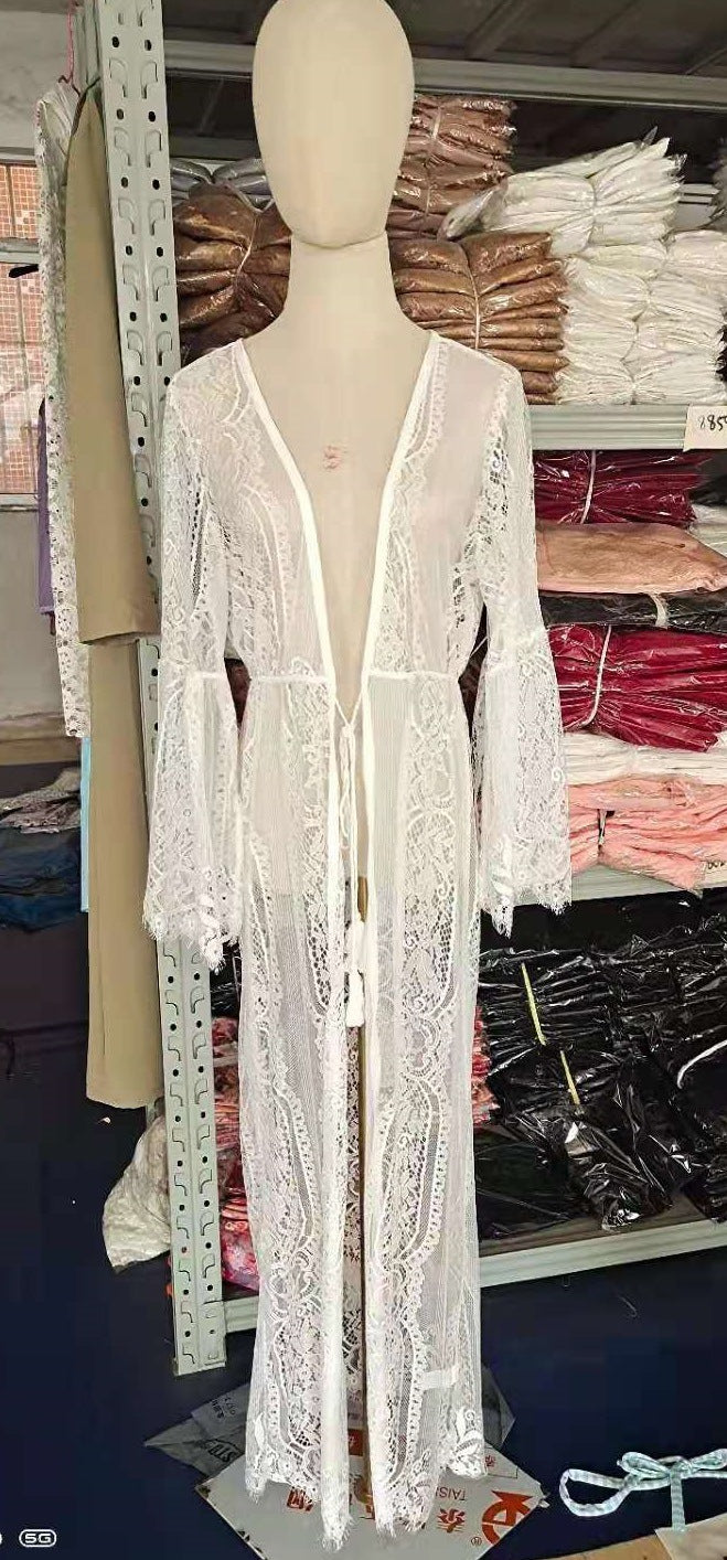 Damen langer Spitzenkimono mit weitem Ärmel und Bindegürtel Drune
