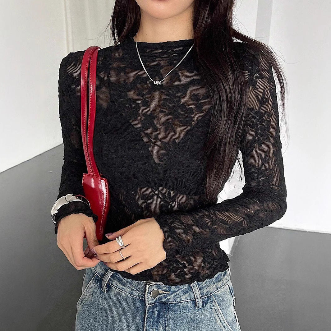 Damen nan eng anliegendes Spitzen-Langarmshirt mit floraler Ajour-Spitze, leicht transparent und Stehkragen Drune