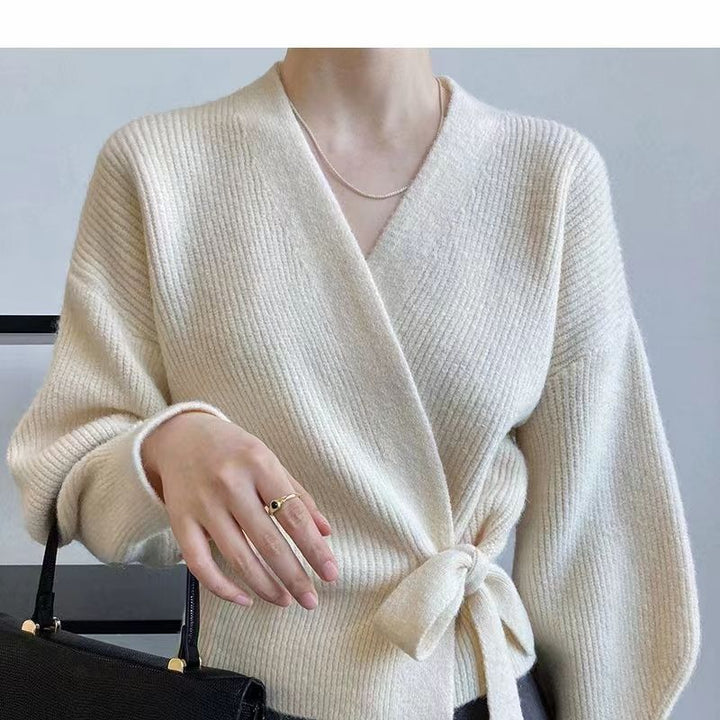 Damen eleganter Wickelpullover mit V-Ausschnitt und Taillenzug Drune