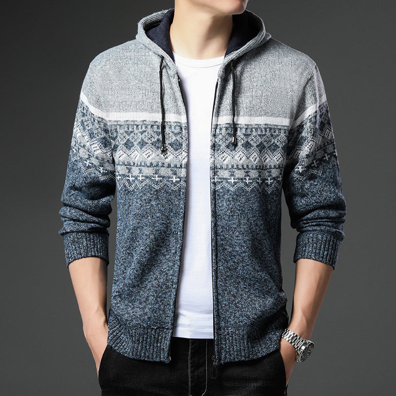 Herren Strick-Zip-Hoodie mit Norwegermuster, Kapuze und Eingrifftaschen Drune